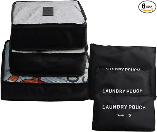 6 Pack Travel Organizer with Laundry Pouch, Electronics & Compression Storage Bags, Clothing & Underwear Pouch, Luggage Organizer for Backpack & Carry On Suitcase - Black