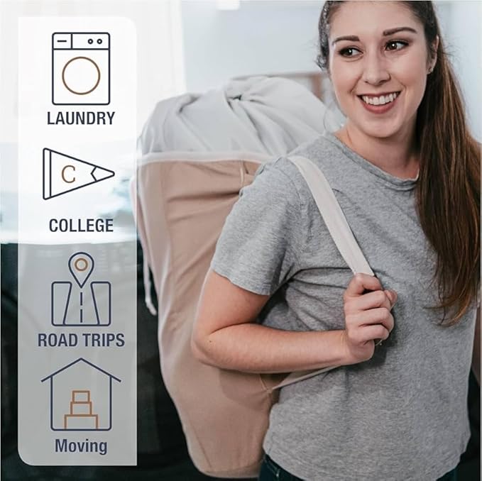 CleverMade Laundry Duffel Backpack Bag, 62L Large Laundry Bag with Straps, Drawstring Closure, Heavy Duty Laundry Backpack for Dorm, Travel, Gym, College, XL Foldable Hamper Tote, Charcoal Cream