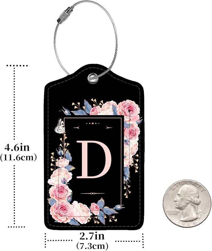 2 Pcs PU Leather Luggage Tag for Suitcases with Privacy Shield and Name ID Tag Address Card Travel Cruise Luggage Tag, Suitable for Men and Women Baggage Handbag Backpack,Flower and Monogram(Letter D - Image 3