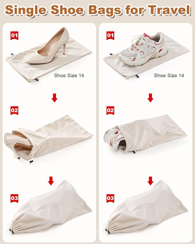 2 Pcs Single Shoe Bags for Travel, 17.3"x8.6" Washable Travel Shoe Bags for Packing in Suitcase, Velvet Dust Bag with Drawstring, Shoe Pouch for Women and Men, Travel and Home Storage (Beige)