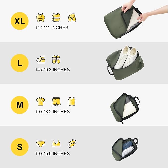 LEVEL8 Compression Packing Cubes for Suitcase, 6 Set Travel Bags with Shoe Organizer, Packing Organizers Travels Accessories in 4 Sizes (Extra Large, Large, Medium, Small), Green