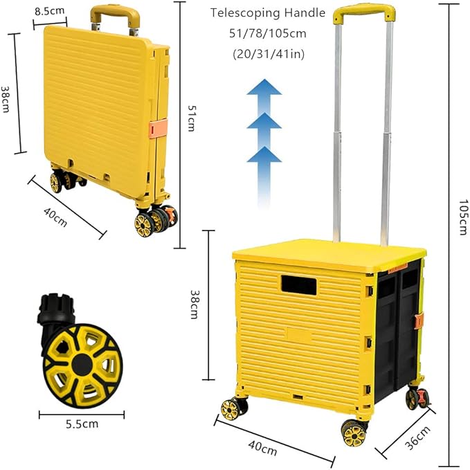 FELICON SELORSS Foldable Utility Cart Folding Portable Rolling Crate Handcart with Durable Heavy Duty Plastic Telescoping Handle Collapsible 4 Rotate Wheels for Travel Shop Move Luggage Office(Yellow)