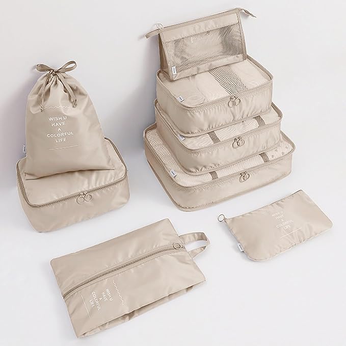 8 Set Packing Cubes for Suitcases, INVODA Travel Luggage Packing Organizers with Laundry Bag, Compression Storage Shoe Bag, Clothing Underwear Bag (Beige)