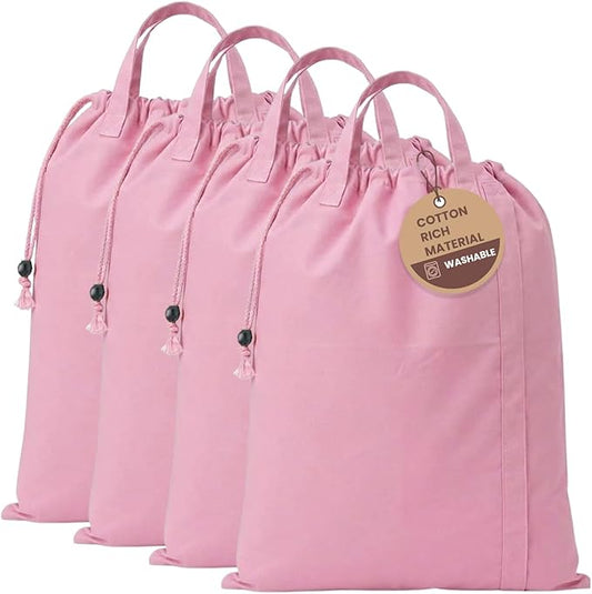 LFH Home Large Premium Cotton Canvas Laundry Bag with Drawstring and Handles Heavy Duty, Multi-Use, Washable for Home, Travel, College or Storage 20x30 (Pack of 4)-Pink