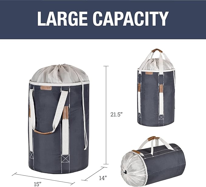 CleverMade Laundry Duffel Backpack Bag, 62L Large Laundry Bag with Straps, Drawstring Closure, Heavy Duty Laundry Backpack for Dorm, Travel, Gym, College, XL Foldable Hamper Tote, Charcoal Cream