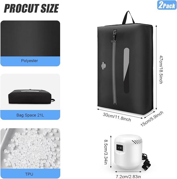 2PCS Vacuum Bags for Travel with Electric Pump, 21L Reusable Compression Bags with IP68 Waterproof Zipper, Space Saving Airless Travel Bags for Luggage, Backpack & Suitcase, Black