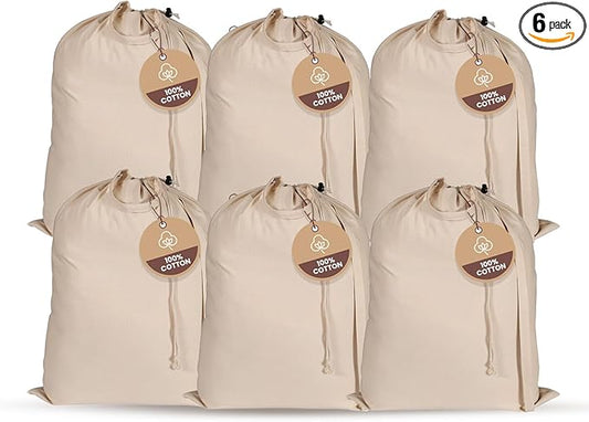LFH Home 100% Cotton Canvas Extra Large Laundry Bag with Drawstring and Handles Heavy Duty, Multi-Use, and Washable for Home, Travel, College or Storage 24x36 (Pack of 6)-Natural
