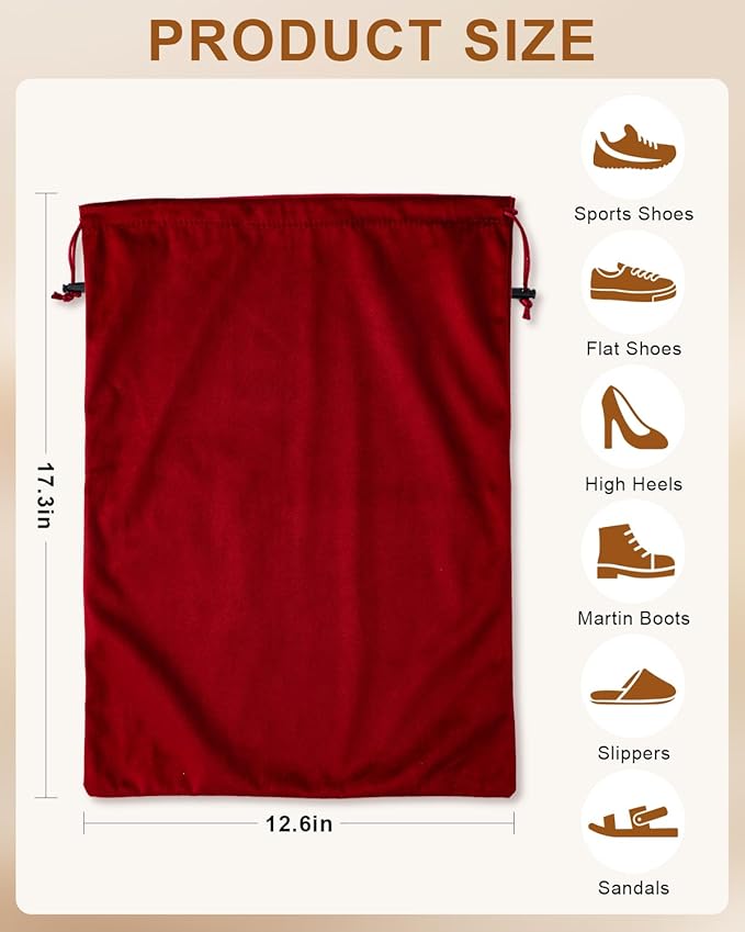 FantasyLife Shoe Bags for Travel, Washable Dust Bags for Storage & Packing, Flannel Shoe Pouch with Drawstring Closure for Purses, Handbags, Shoes & Toys (4, Rio Red, 17.3"x12.6")