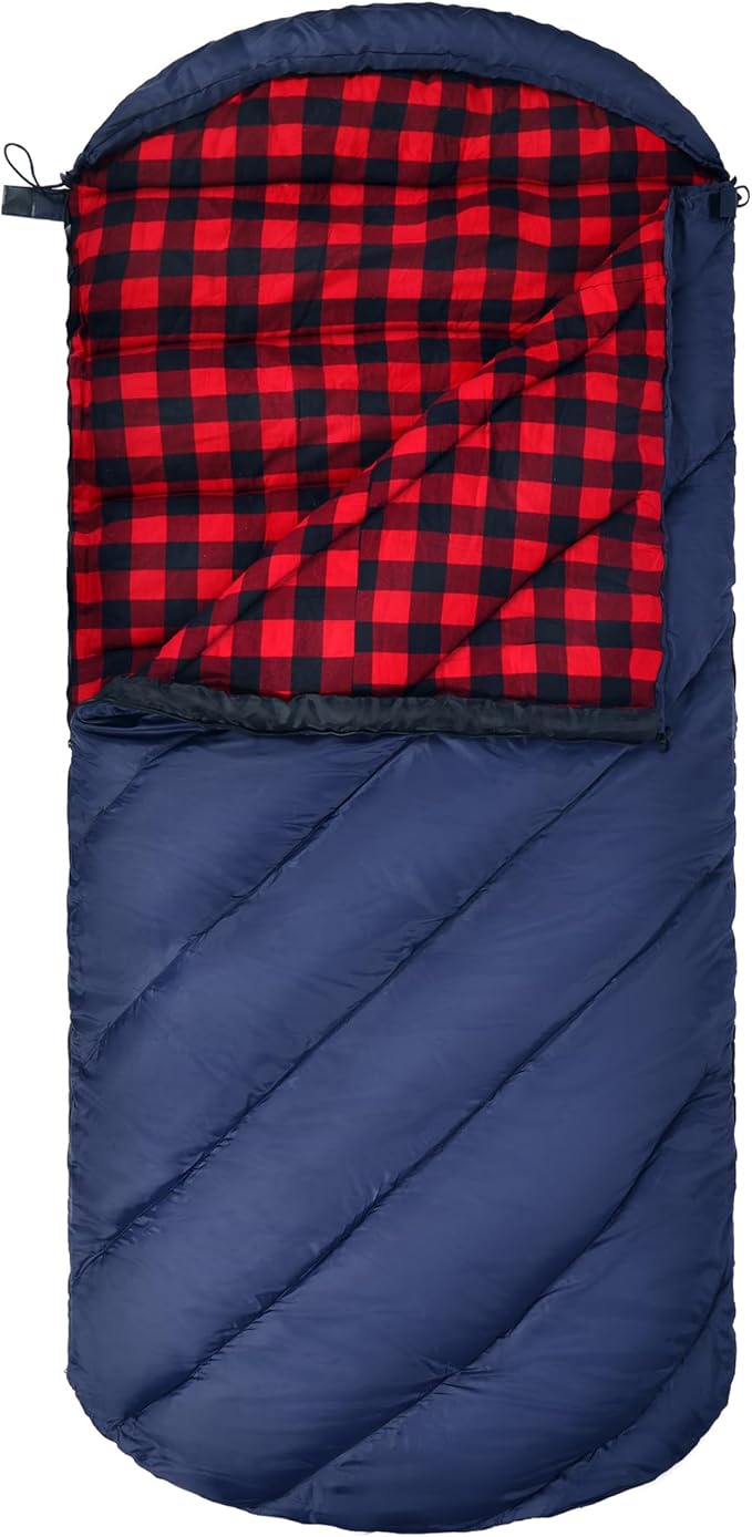 REDCAMP Flannel Sleeping Bag for Adults, Comfortable Cotton Envelope Sleeping Bags for Camping, Backpacking, Hiking, with Detachable Hood&Compression Sack, Blue/Red/Grey/Black