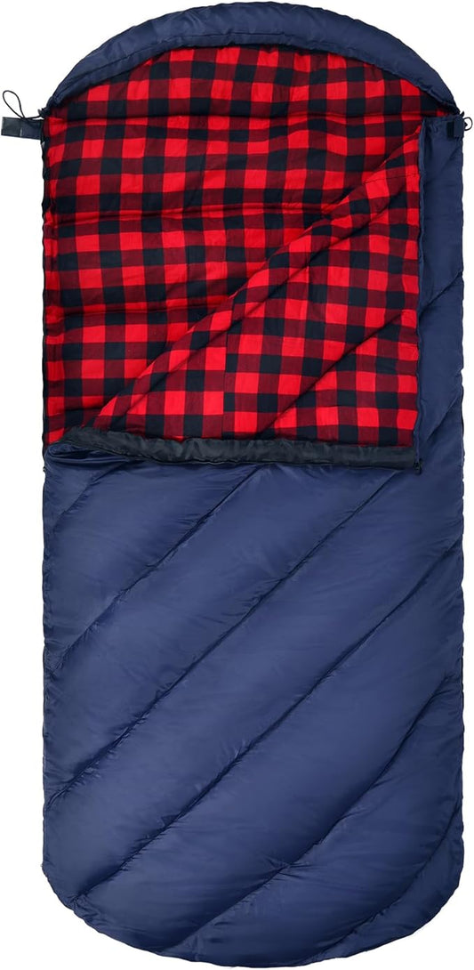REDCAMP Flannel Sleeping Bag for Adults, Comfortable Cotton Envelope Sleeping Bags for Camping, Backpacking, Hiking, with Detachable Hood&Compression Sack, Blue/Red/Grey/Black
