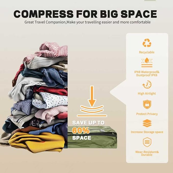 Reusable Vacuum Bags for Travel With Pump,Professional Waterproof IPX8 Vacuum Compression Bag for Suitcases Backpack,Space Saver Bags Packing Organizers for Clothing Packing（2 Pack,Green)
