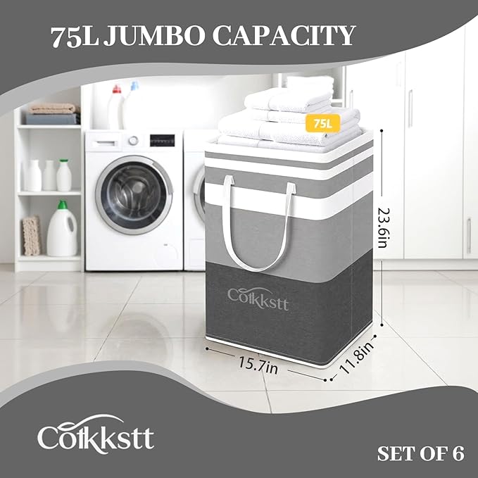 6 Pack Large Laundry Hamper Collapsible Clothes Basket Storage Bin,Waterproof Fabric Long Handles Folding College Dorm Essentials Bedroom Home Organization Dirty Washing（Grey,75L×6）