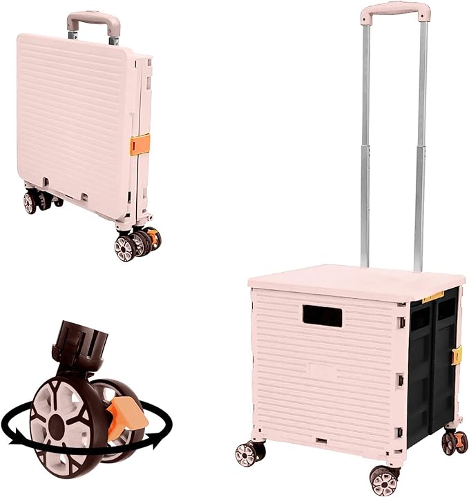 FELICON SELORSS Foldable Utility Cart Folding Portable Rolling Crate Handcart with Durable Heavy Duty Plastic Telescoping Handle Collapsible 4 Rotate Wheels for Travel Shop Move Luggage Office(Pink