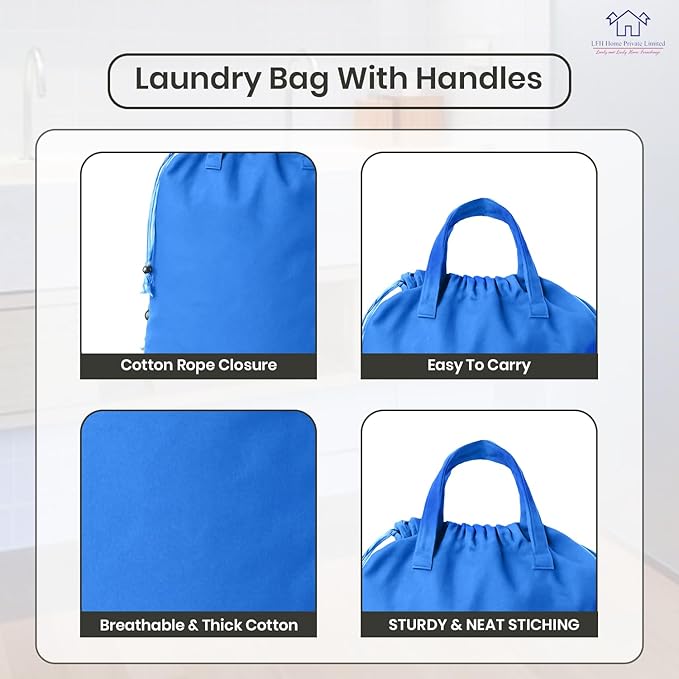 LFH Home Cotton Canvas Large Laundry Bag with Handle, Heavy Duty Drawstring Closure Washable Laundry Bags, School Travel, Home, Hotel, College Dorm, Organizer Sack, Toys Clothes 20x30-Sky Blue