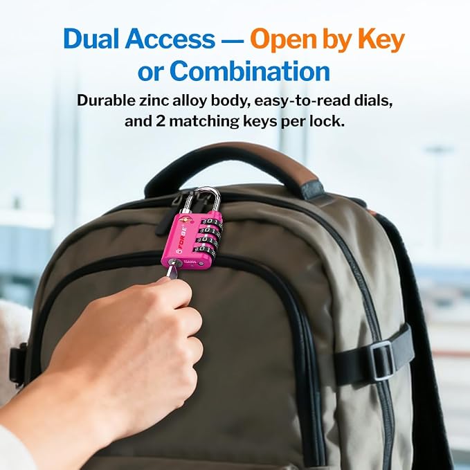 Forge Dual-Opening: Key or Combination Lock, TSA Approved Lock for Luggage, Pelican case, Travel, Gym, School, Luggage Combination Lock, Travel Bag Lock (4 Colors 4 Pk Rose) - Image 2