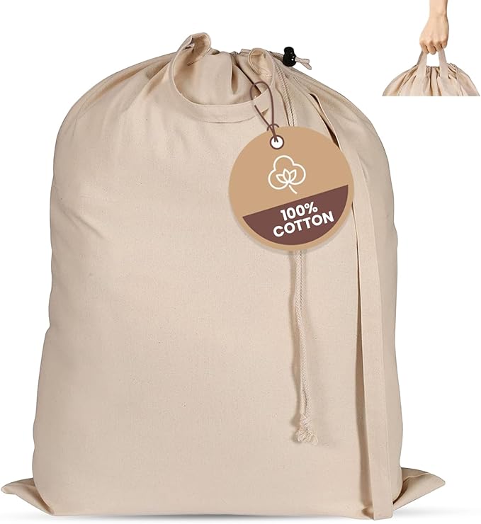 LFH Home Cotton Canvas Extra Large Laundry Bag with Handle, Heavy Duty Drawstring Closure Washable Laundry Bags, School Travel, Home, Hotel, College Dorm, Organizer Sack, 28x40-Natural