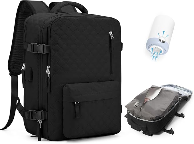 WONHOX Travel Vacuum Storage Backpack with Air Pump Vacuum Seal Compression Space Saver Bags Clothing Vacpack Travel Bag Carry on Personal item Laptop Work Backpacks Women Men Black