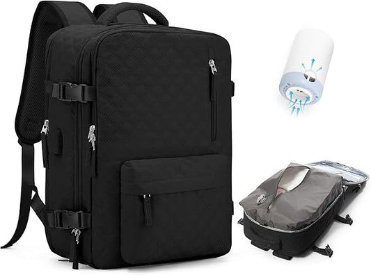 WONHOX Travel Vacuum Storage Backpack with Air Pump Vacuum Seal Compression Space Saver Bags Clothing Vacpack Travel Bag Carry on Personal item Laptop Work Backpacks Women Men Black