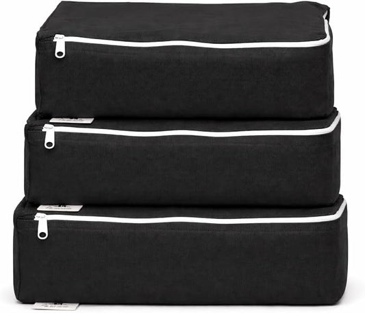 Packing Cubes Bag Pure Canvas Travel Organizers (10"x7"x3x") with Durable YKK Zippers for Clothes, Shoes & Luggage Storage (Set of 3 SMALL, Black)