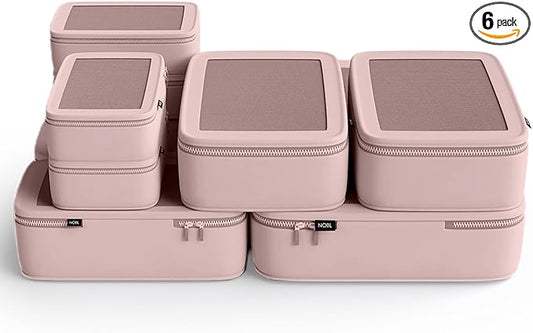 NOBL Travel Compressible Packing Cubes Set, 6 Pieces Travel Packing Organizers, Compression Luggage Cubes for Suitcases & Carry On, Space Saving (XXS, XS, S, M, L, XL) - Blush
