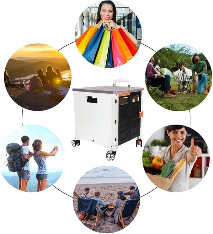FELICON SELORSS Foldable Utility Cart Folding Portable Rolling Crate Handcart with Durable Heavy Duty Plastic Telescoping Handle Collapsible 4 Rotate Wheels for Travel Shop Move Luggage Office(White)