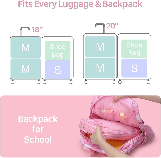 Kids Compression Packing Cubes, 4 Piece Set for Carry On Suitcase, Water Resistant Travel Luggage Organizers with Shoe Bag, Toddler Backpack Essentials (Pink Unicorn)