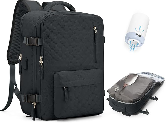 WONHOX Travel Vacuum Storage Backpack with Air Pump Vacuum Seal Compression Space Saver Bags Clothing Vacpack 18x14x8 inches Travel Bag Carry on Personal item Laptop Work Backpacks Women BlackGrey