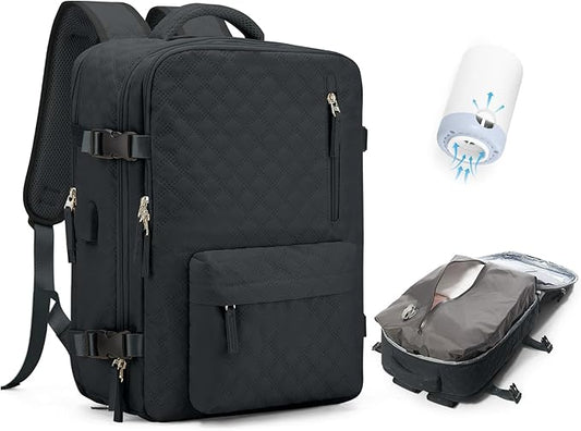 WONHOX Travel Vacuum Storage Backpack with Air Pump Vacuum Seal Compression Space Saver Bags Clothing Vacpack 18x14x8 inches Travel Bag Carry on Personal item Laptop Work Backpacks Women BlackGrey