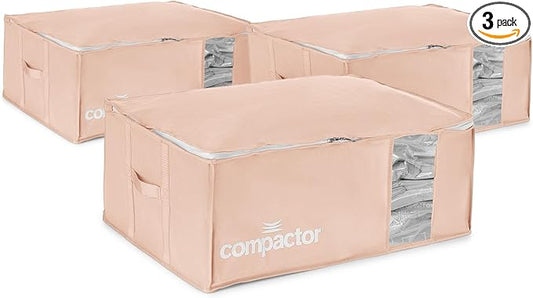 Compactor 3 Pack Vacuum Storage Bag with Semi-Rigid Box, Closet Organizer, Vacuum Seal Bags for Clothing and Bedding, Fits All Vacuum and Nozzle Types, 210L, Pink, XXL
