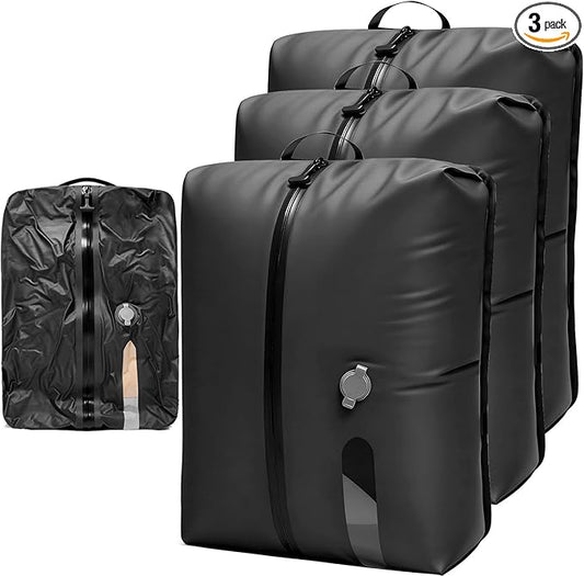 LONGHIKER Travel Vacuum Storage Bags Reusable Airless Space Saver Compression Bags for Carry-On Suitcase Backpack ，IPX8 Waterproof TPU Vacuum Seal Bags for Clothing(3PC-18L-No Pump)