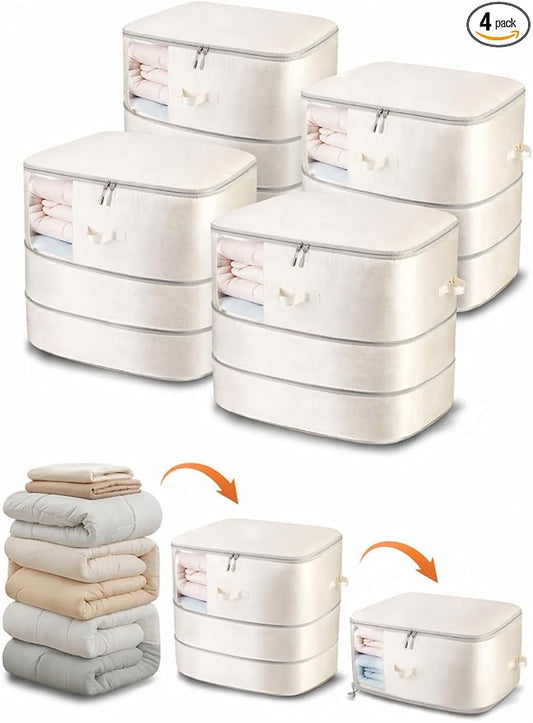 Comforter Storage Bag - 3-Layer 4-Pack Self Compression Organizer, Closet Organizers and Storage, Under Bed Space Saver, Blanket Organizer for Bedding, Pillow, Sheet, Clothes, Nursery Use