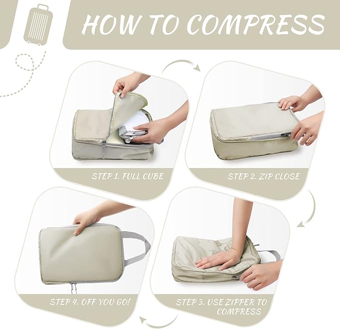 WOOMADA Compression Packing Cubes for Suitcases Travel Essentials 8 Set Expandable Travel Bags Organizer for Luggage(beige)