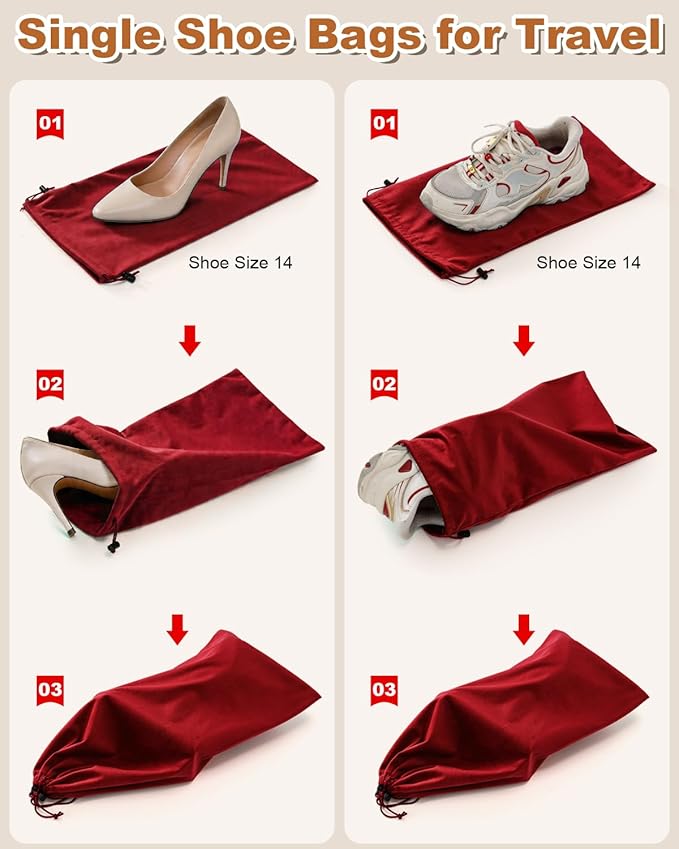 4 Pcs Single Shoe Bags for Travel, 17.3"x8.6" Washable Travel Shoe Bags for Packing in Suitcase, Velvet Dust Bag with Drawstring, Shoe Pouch for Women and Men, Travel and Home Storage (Rio Red)