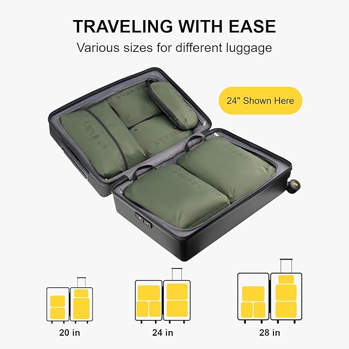 LEVEL8 Compression Packing Cubes for Suitcase, 6 Set Travel Bags with Shoe Organizer, Packing Organizers Travels Accessories in 4 Sizes (Extra Large, Large, Medium, Small), Green