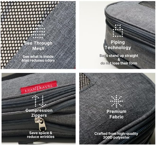 LeanTravel Premium Compression Packing Cubes for Travel - Suitcase Organizer Bags with Double Zipper & Breathable Mesh Panel - Space Saving Carry On Luggage Essentials (1 Large Bag, Grey)