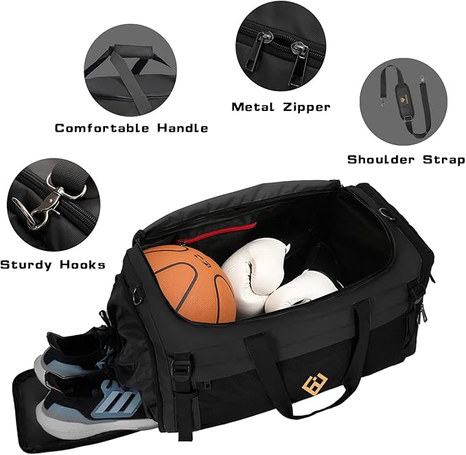 Extra Large Sports Gym Bag, Travel Duffel bag with Wet Pocket & Shoes Compartment for men women, 85L, Lightweight （Black）