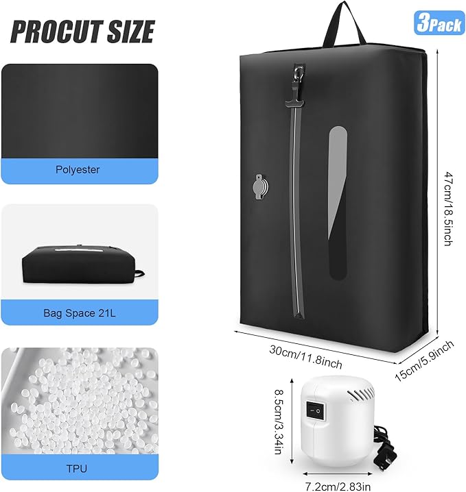 3PCS Vacuum Bags for Travel With Pump, 21L Reusable Vacuum Compression Bags with Waterproof Zipper, IP68 Waterproof Airless Travel Bags Save Space for Storage, Luggage, Backpack & Suitcase, Black