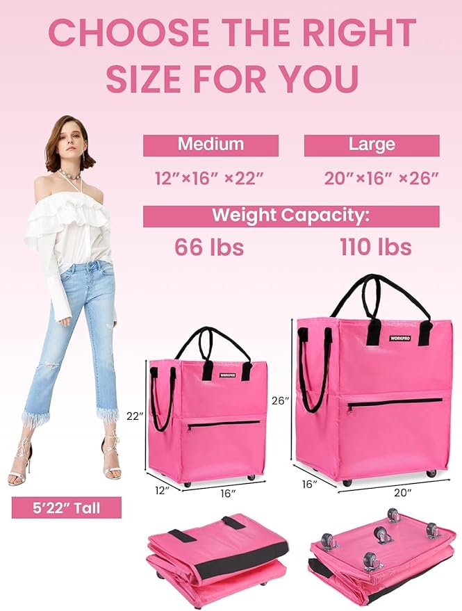WORKPRO Medium Reusable Grocery Bag on Wheels, Heavy Duty Rolling Shopping Tote with Handle, Folding Trolley on 4 Caster Wheels for Groceries, Laundry, Camping, Moving