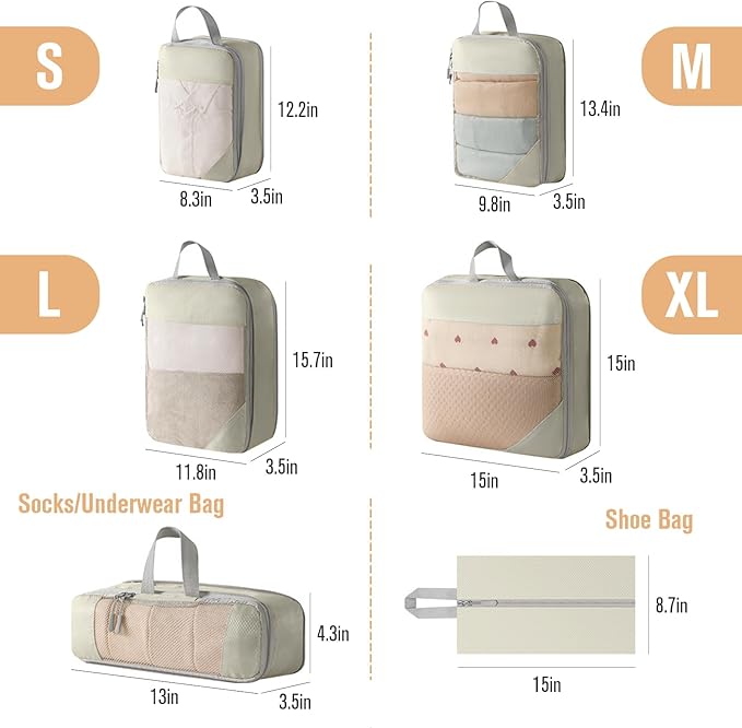 WOOMADA Compression Packing Cubes for Suitcases Travel Essentials 6 Set Rectangle Mesh Expandable Travel Bags Organizer for Luggage