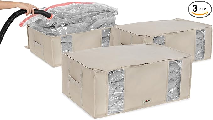 Compactor 3 Pack Vacuum Storage Bag with Semi-Rigid Box, Closet Organizer, Vacuum Seal Bags for Clothing and Bedding, Fits All Vacuum and Nozzle Types, 210L, Beige, XXL