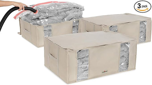 Compactor 3 Pack Vacuum Storage Bag with Semi-Rigid Box, Closet Organizer, Vacuum Seal Bags for Clothing and Bedding, Fits All Vacuum and Nozzle Types, 210L, Beige, XXL