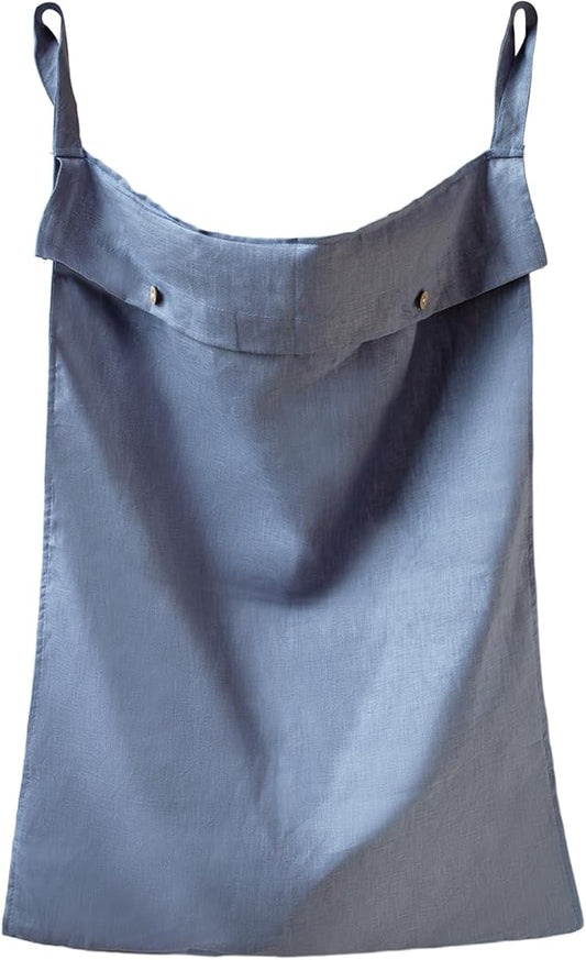100% Linen Hanging Laundry Hamper Bag 20x27 Inch, Over the Door with 2 Buttons and Bottom Zipper Saving Space Wall Back organizers For Dirty Clothes Dorm Travel College Camp Sock Large Capacity,Blue