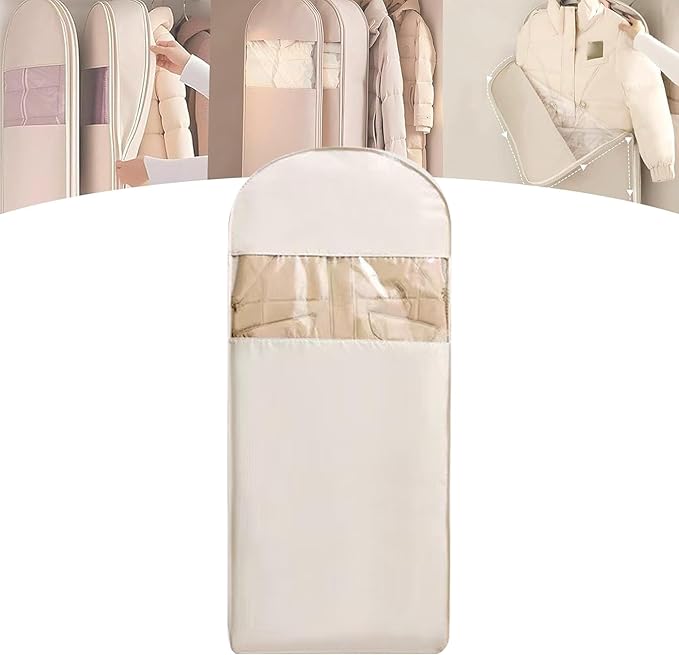 Space Saving Hanging Garment Bag with Self Compression Zipper with Large Clear Window Oat Beige Closet Organizer Otherwise Space-saving Compression Garment Bag (XL)