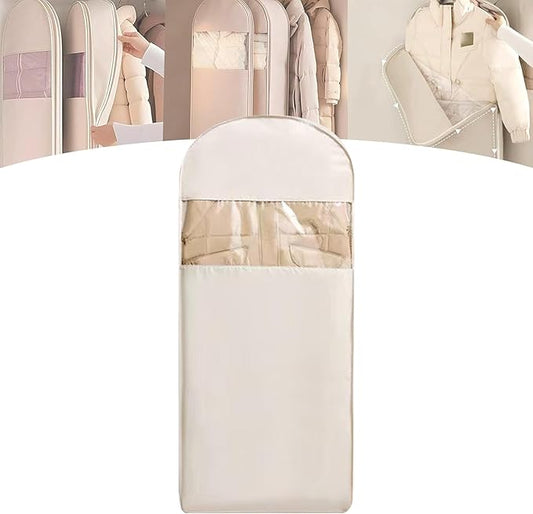 Space Saving Hanging Garment Bag with Self Compression Zipper with Large Clear Window Oat Beige Closet Organizer Otherwise Space-saving Compression Garment Bag (XL)