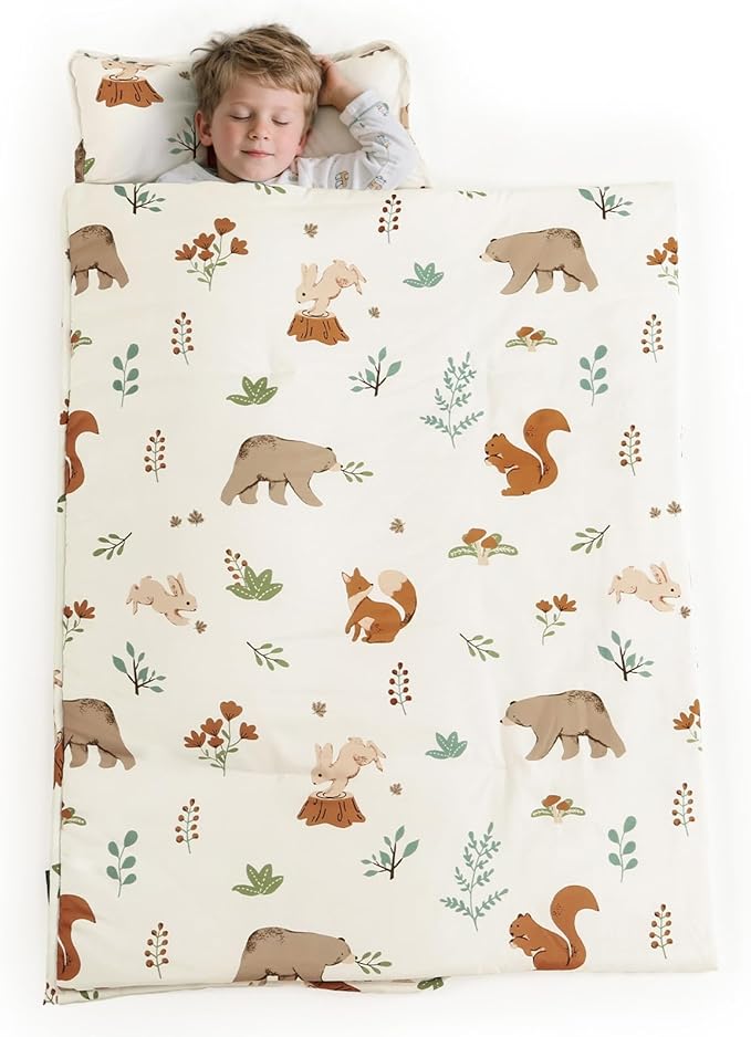 PHF Woodland Toddler Nap Mat Set, with Removable Pillow for Toddler Boys Girls, Soft and Lightweight for Daycare, Preschool, Travel, Kindergarten Sleeping Bag, Fits Ages 3-6 Years, Woodland