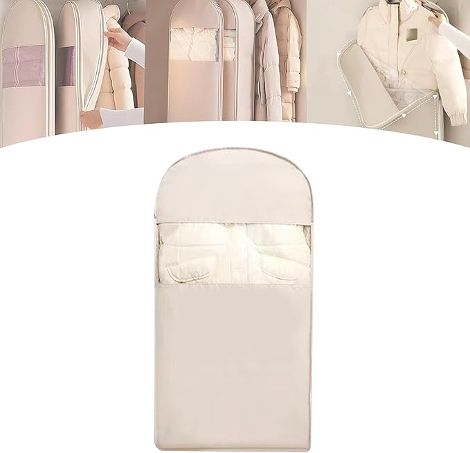 Space Saving Hanging Garment Bag with Self Compression Zipper with Large Clear Window Oat Beige Closet Organizer Otherwise Space-saving Compression Garment Bag (L)