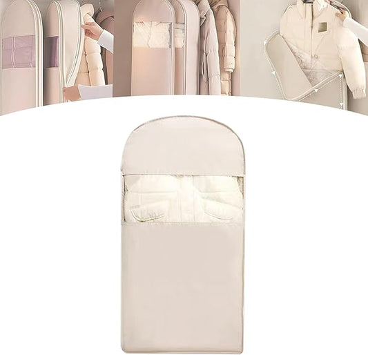 Space Saving Hanging Garment Bag with Self Compression Zipper with Large Clear Window Oat Beige Closet Organizer Otherwise Space-saving Compression Garment Bag (L)