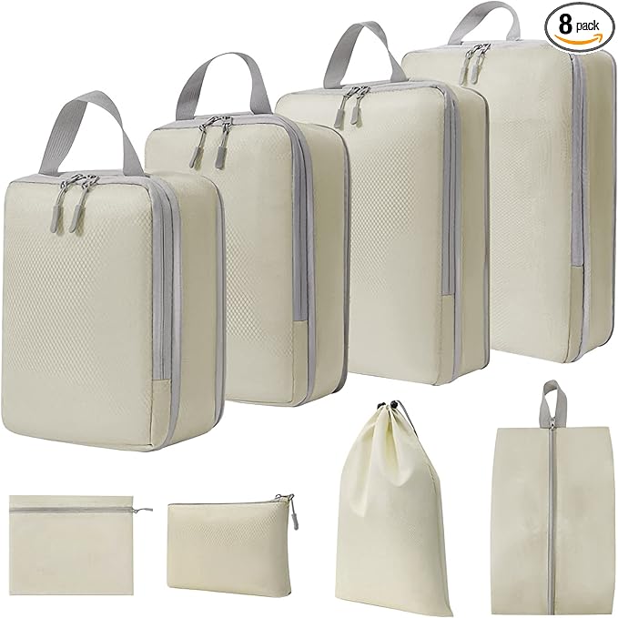 WOOMADA Compression Packing Cubes for Suitcases Travel Essentials 8 Set Expandable Travel Bags Organizer for Luggage(beige)
