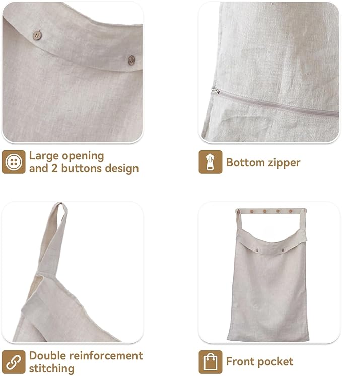 100% Linen Hanging Laundry Hamper Bag 20x27 Inch, Over the Door with 2 Buttons and Bottom Zipper Saving Space Wall Back organizers For Dirty Clothes Dorm Travel College Camp Sock Large Capacity,Linen