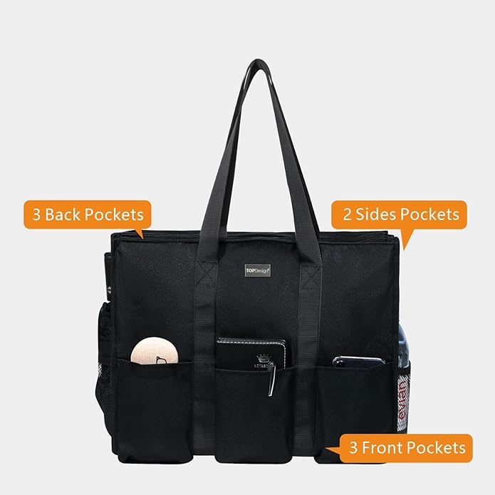 TOPDesign Utility Water Resistant Tote Bag with 13 Pockets, Top Zipper Closure & Thick Bottom Support, for Working Women